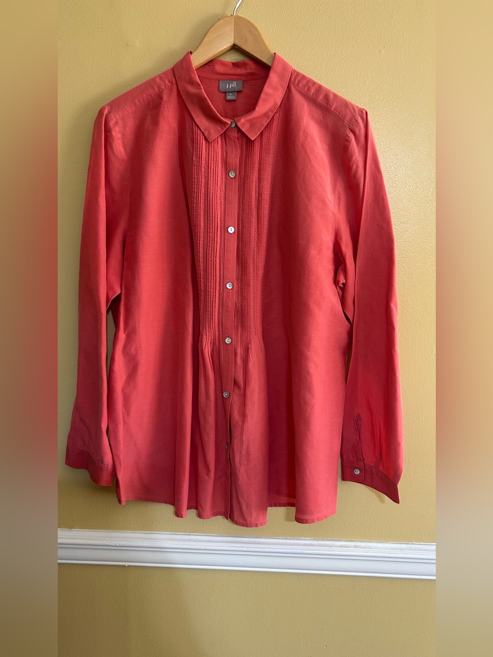 J Jill Pintuck Button Front Tunic Blouse Coral Pink Cotton Silk Shirt XL EUC